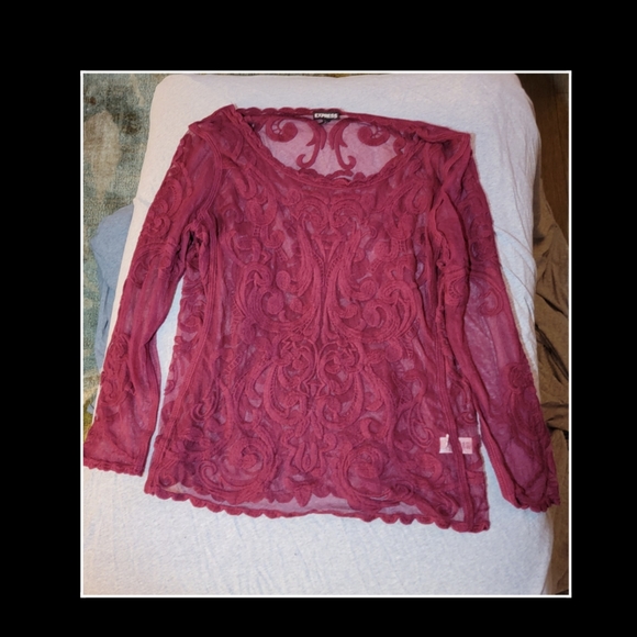 Express Tops - Sheer Burgundy/wine Lace Long Sleeve Shirt
